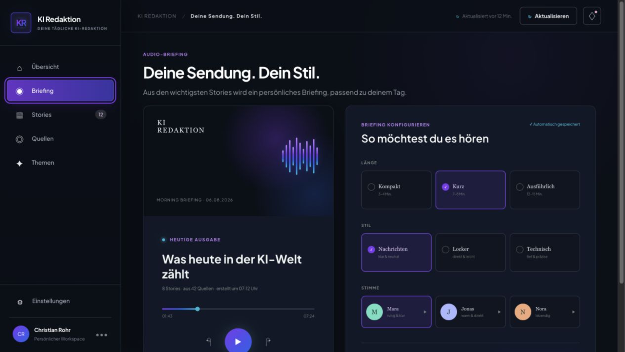 Briefing-Konfiguration mit Länge, Stil und auswählbaren Sprecherstimmen