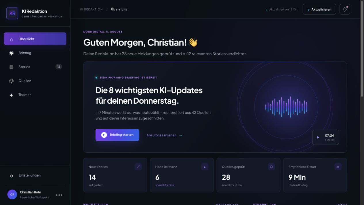 Dashboard des KI-Redaktion-Prototyps
