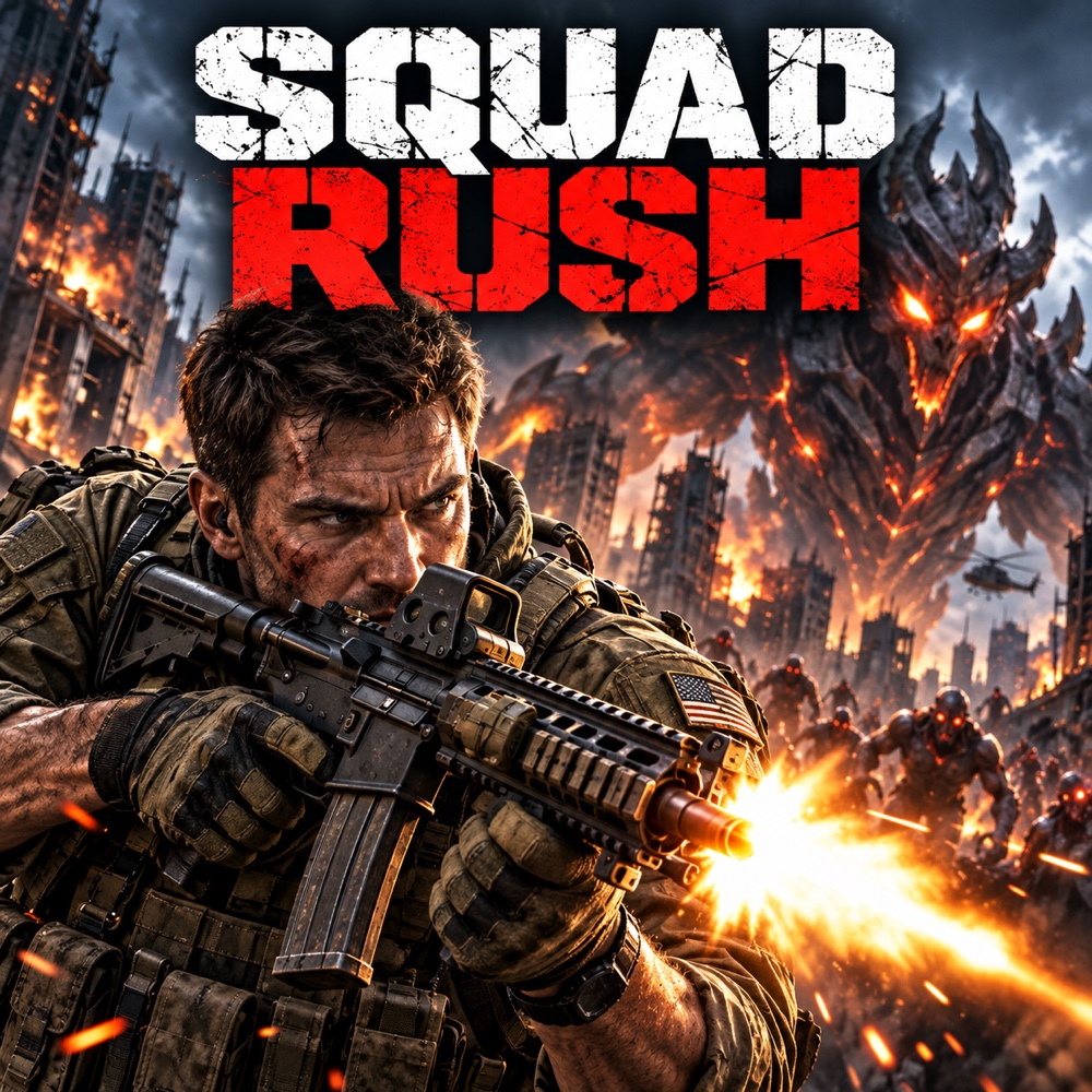 Squad-Rush-Konzeptmotiv: ein Soldat und eine riesige Kreatur in einer zerstörten Stadt
